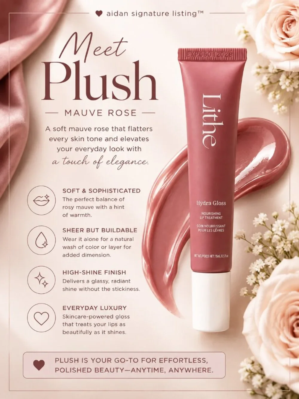 Lithe Beauty Hydra Gloss Plush Mauve Rose Nourishing Peptide Lip Treatment NIB